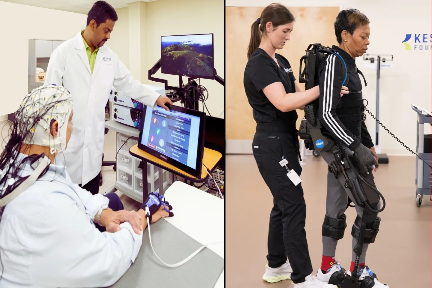 Two images side by side. Left image shows a male research scientist in a white lab coat and a male participant wearing an EEG cap. Right image shows a female physical therapist assisting a female participant in an exoskeleton.