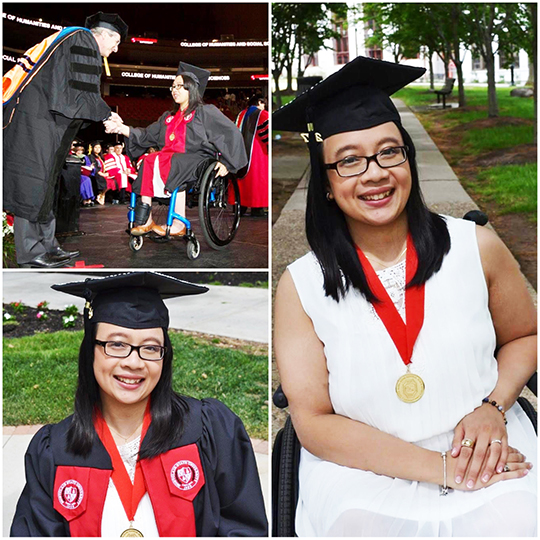 Collage of photos of a woman college graduate in a wheelchair 