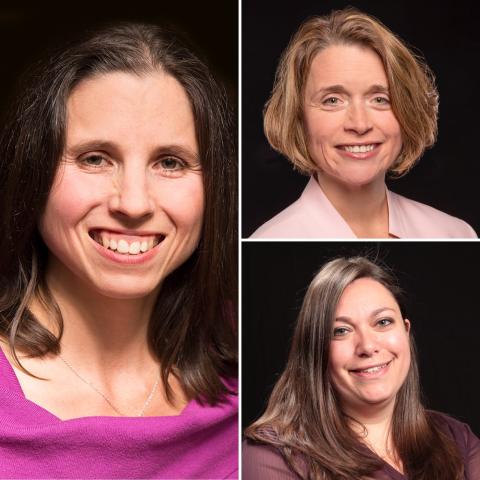 Head-shot against a black background of Drs. Denise Krch, Nancy Chiaravalloti and Erica Weber 