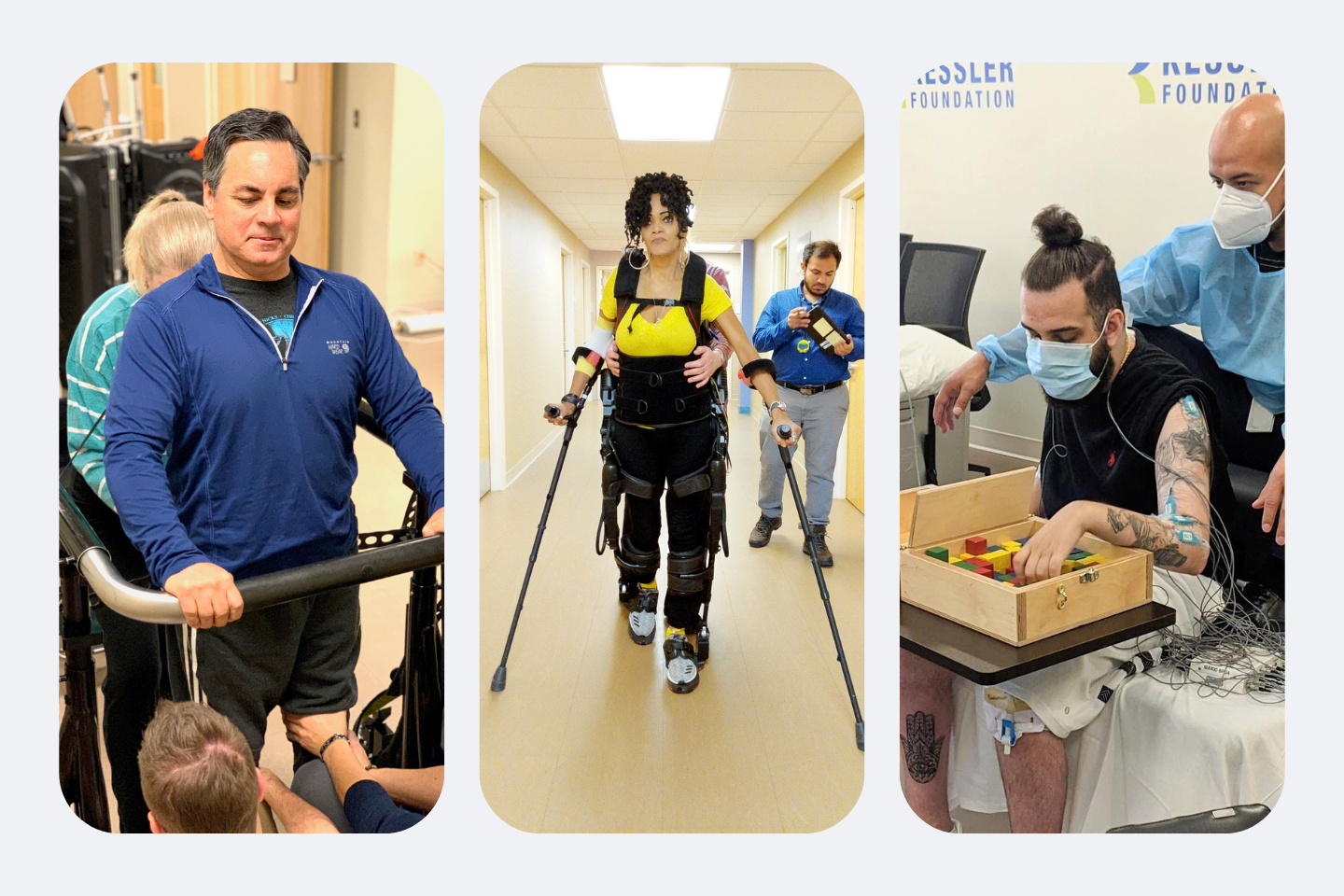 people with disabilities with crutches, walker and man in lab sitting down