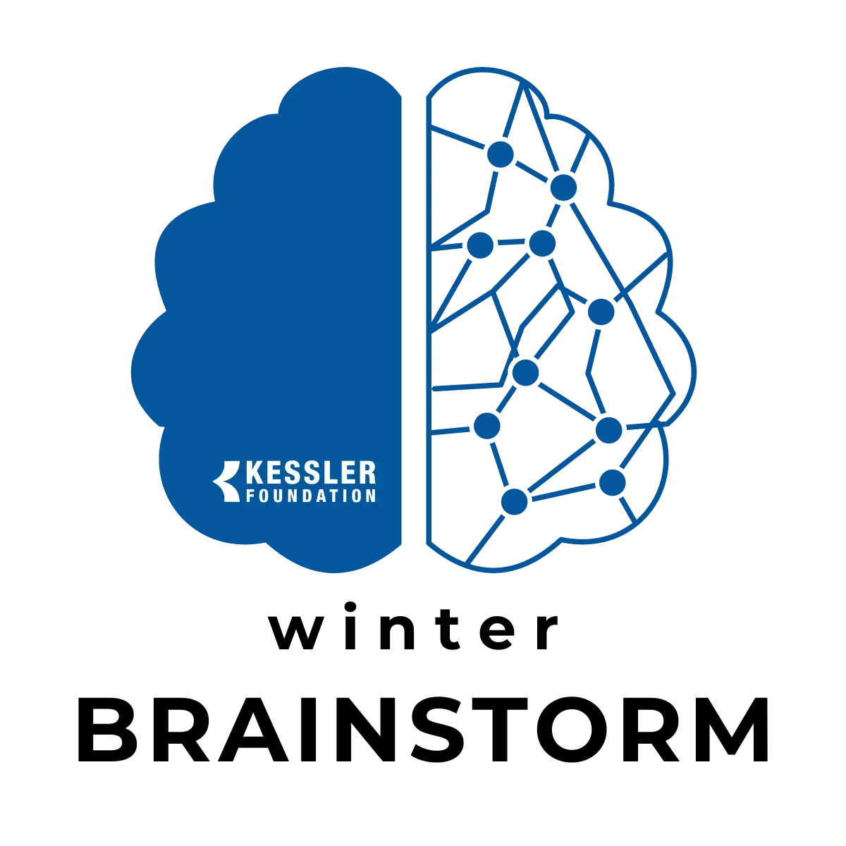 Illustration of a human brain colored in blue with Kessler Foundation logo.