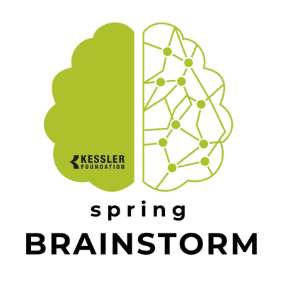 Illustration of top view of a human brain with kessler foundation logo