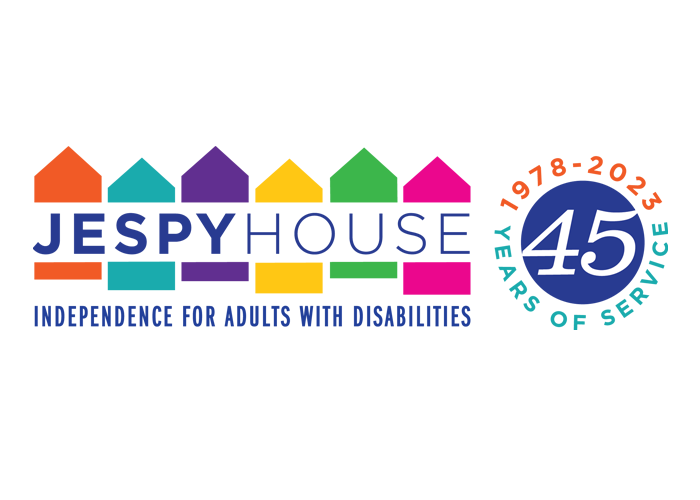 Jespy House logo with roof top shapes and the number 45, years of service