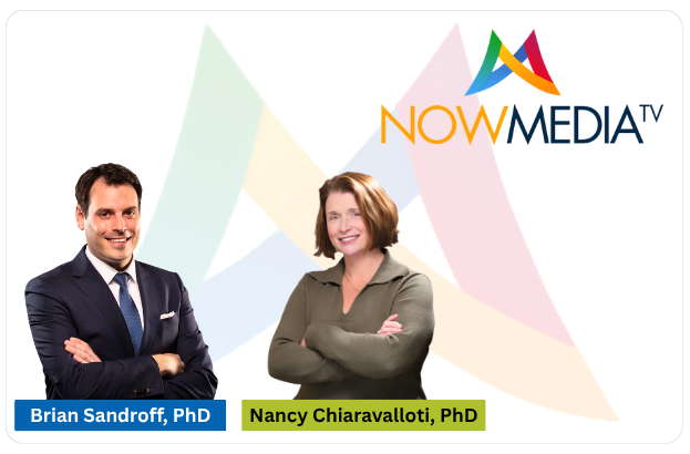A graphic featuring the image of a man in a suit with his arms crossed and a woman with short hair and a long-sleeve shirt, also with her arms crossed, and a "Now Media" logo in the background.