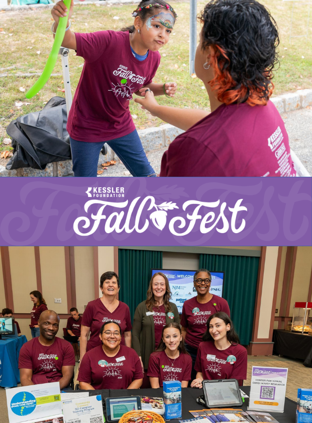 A child with face paint participates in an activity at Kessler Foundation's Fall Fest. Below, event volunteers and staff wearing matching Fall Fest T-shirts sit and stand behind an information table featuring community resources and research materials. The image includes the Kessler Foundation Fall Fest logo.