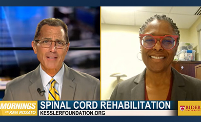 Denise Fyffe of Kessler Foundation appears in a split-screen television interview on ONNJ about spinal cord rehabilitation.