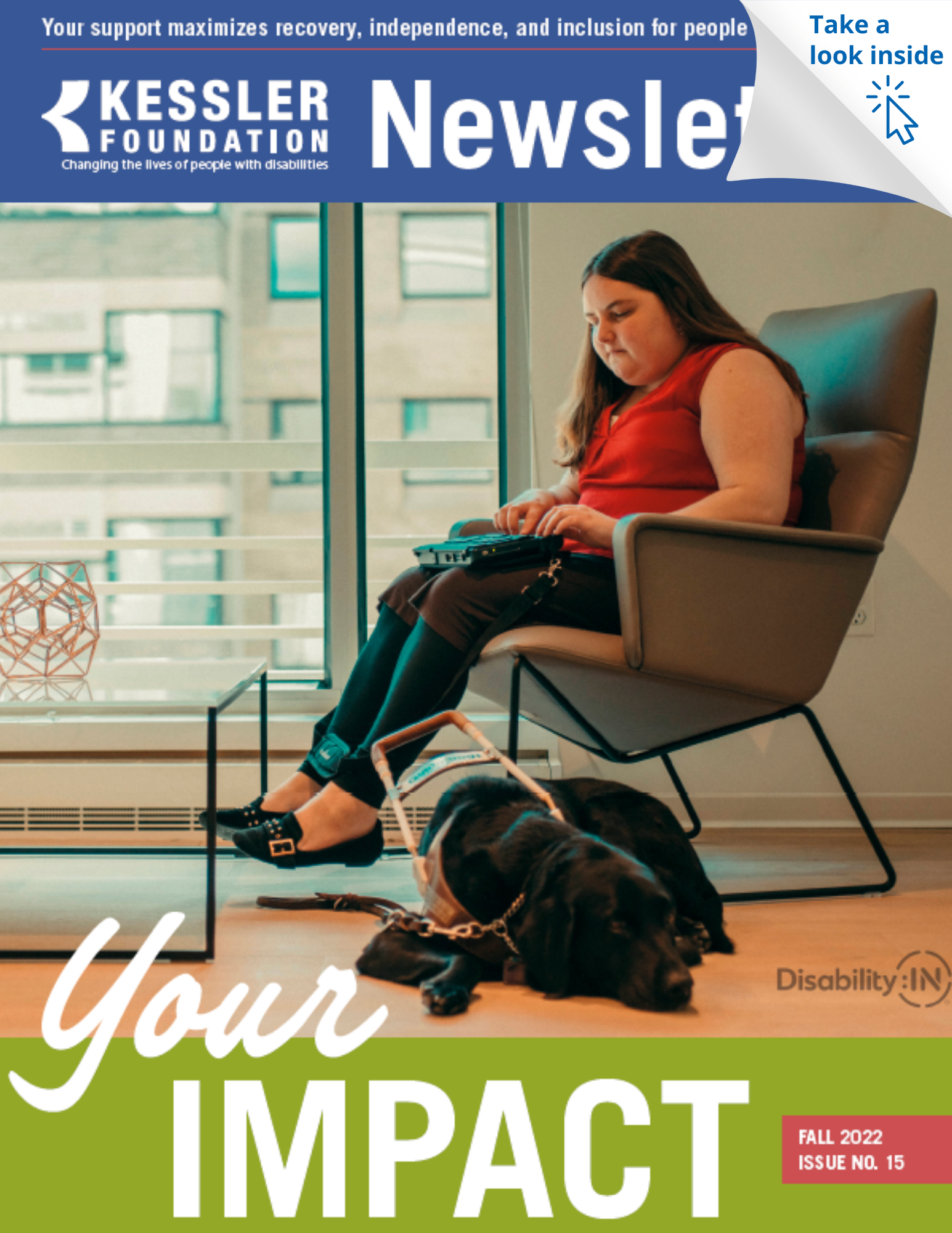 newsletter cover with woman sitting on chair with her service dog