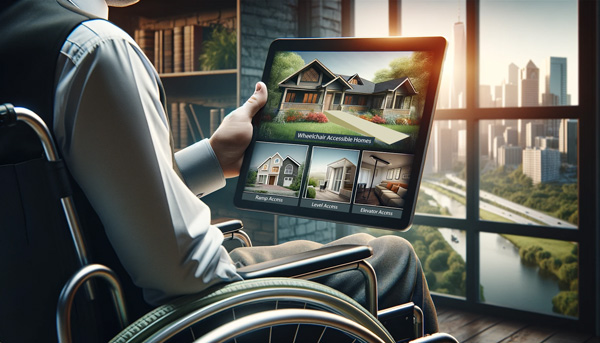 Man in a wheelchair holding a tablet and overlooking the city in his living room