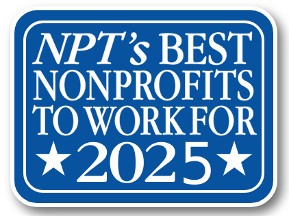 Badge denotes Kessler Foundation Award for best non-profit to work for.