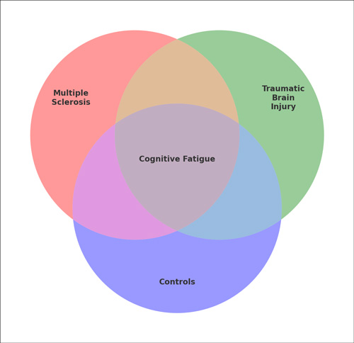 Venn diagram illustrating circles indicating cognitive fatigue across three populations. 