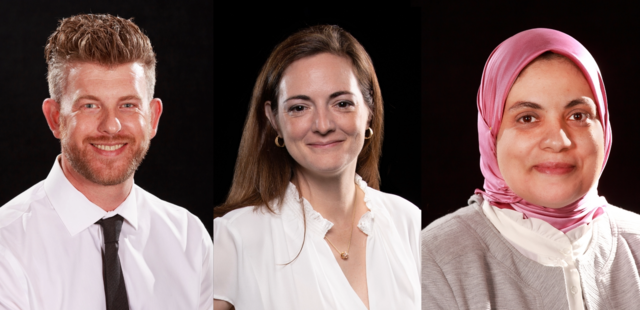 Three research scientists headshot photos on a black background