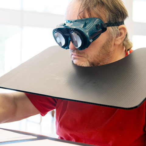 man wearing goggles for spatial neglect treatment