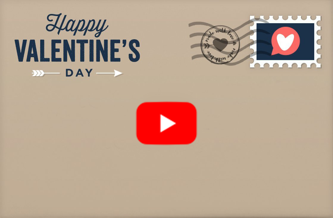 A Happy Valentine's Day postal card with a stamp on the right with a heart icon