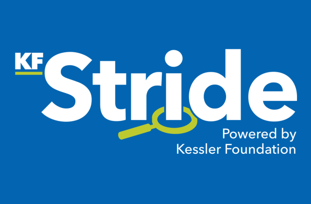 KF Stride logo on a blue background with white text and a green magnifying glass icon, accompanied by the tagline ‘Powered by Kessler Foundation’ 