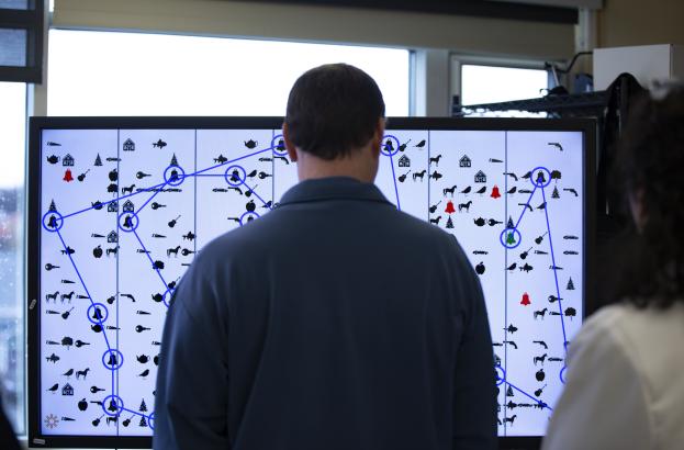A man stands in front of a board reviewing the pattern that appears