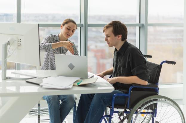 Two colleagues working together at a desk, one using a wheelchair, discussing information on a laptop in a bright office.