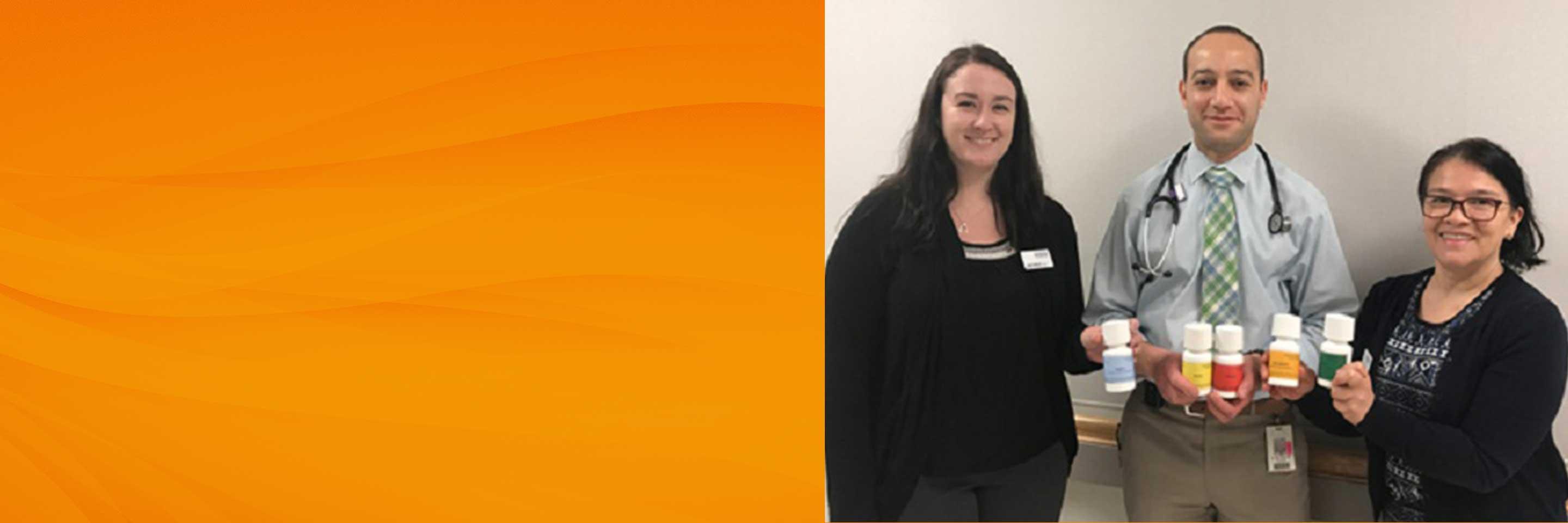 Monitoring Self-administration of Medication group photo with orange section for text overlay
