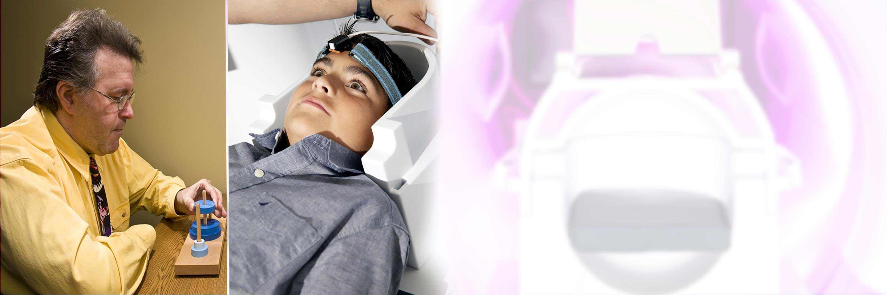man and young child participating in a study with mock scanner on the right