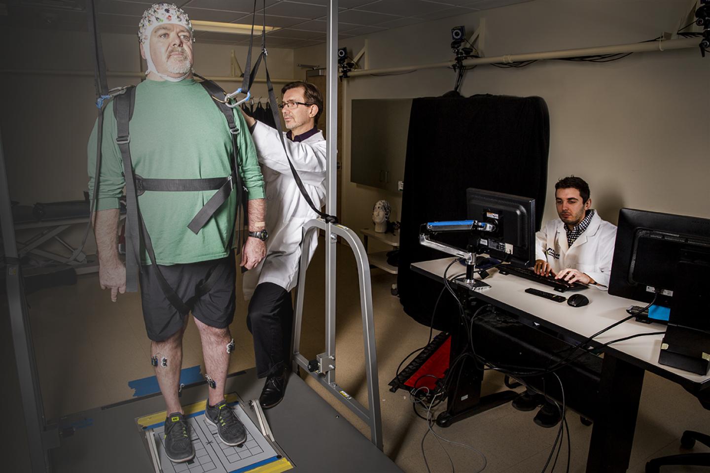 participant in research study about balance with an eeg cap on