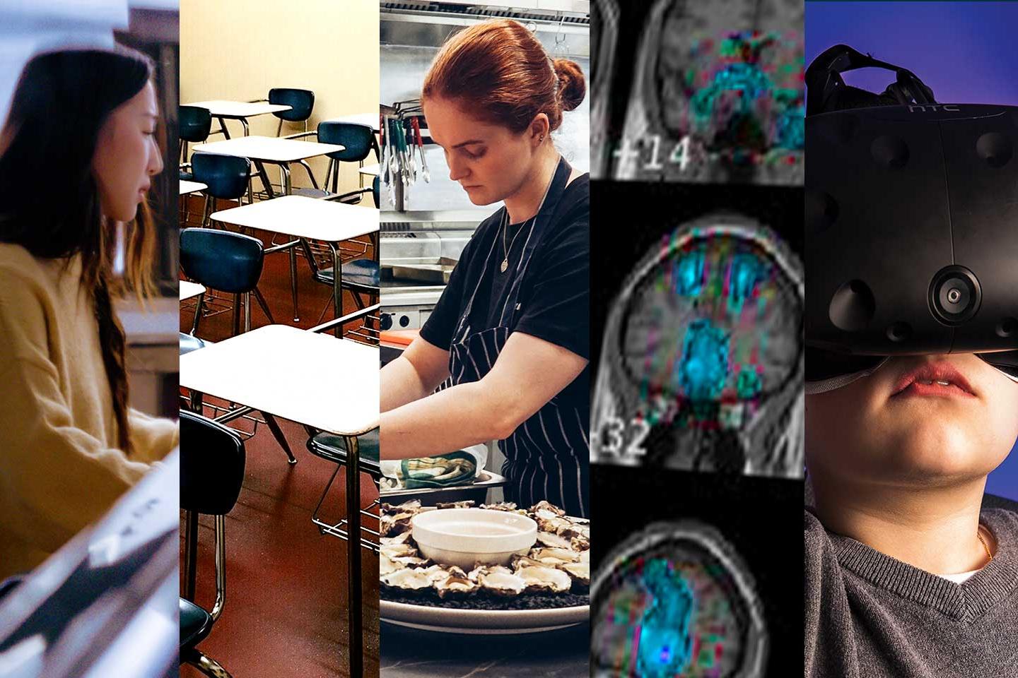 collage of pictures, child with virtual goggles, woman cooking, school desks
