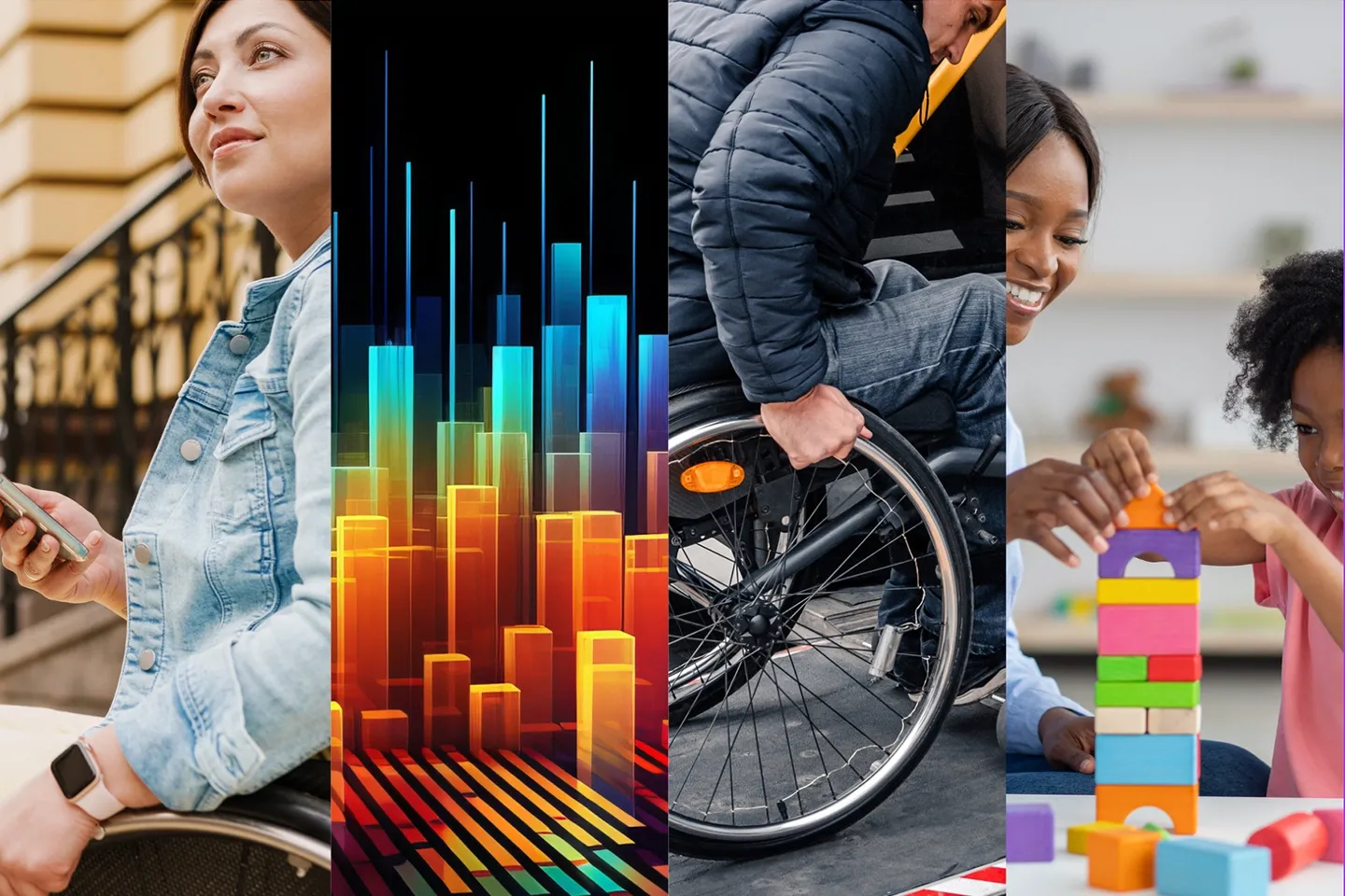 Four-picture collage of wheelchair user with phone, rainbow colored graph, wheelchair user going up ramp, child and caretaker playing with blocks.