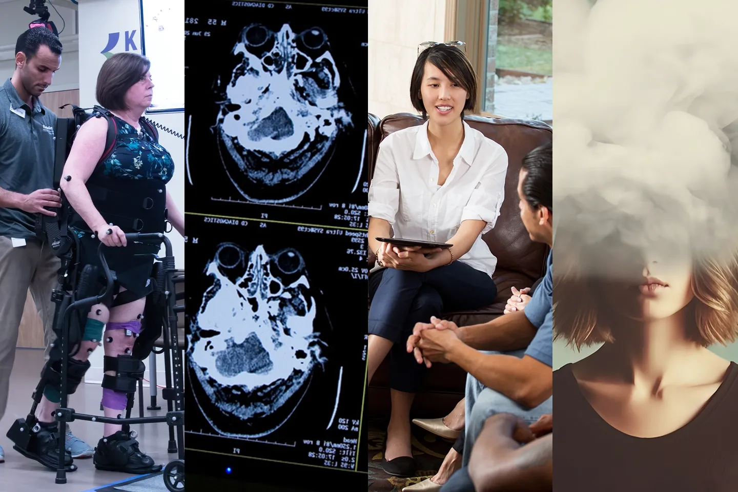 Collage of photos, physical therapist guiding a woman participant in an exoskeleton, MRI scan of the brain, woman sitting in a group setting, Young woman with her whole head in cloud.