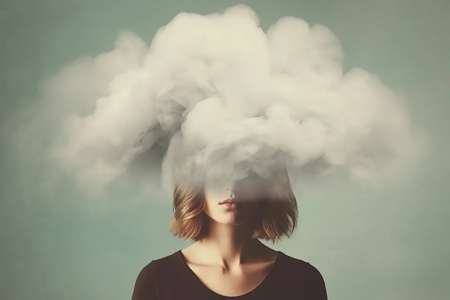 Image of a young woman with her whole head in cloud