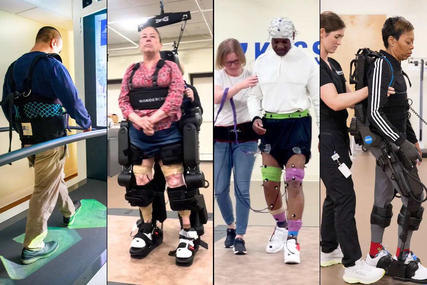 Collage of 4 images with Kessler Foundation physical therapists assisting participants using C-MILL treadmill, exoskeletons, and electrical stimulation therapy.
