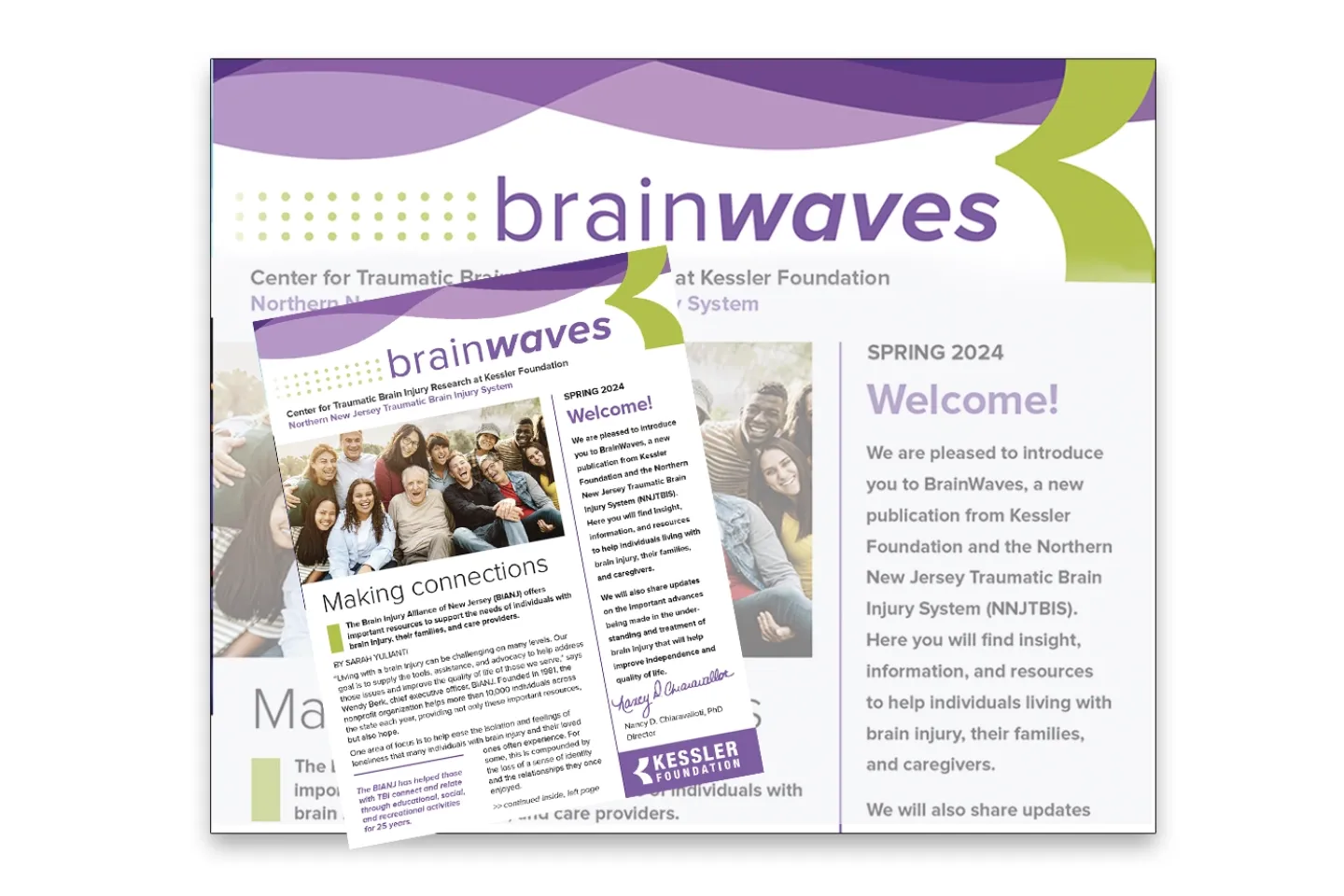 Illustration shows thumbnail of redesigned multiple sclerosis newsletters MileStones from Kessler Foundation.