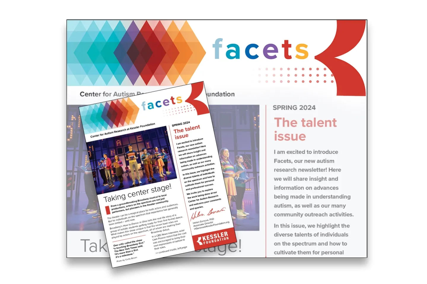 Illustration shows thumbnail of redesigned autism newsletters facets from Kessler Foundation.