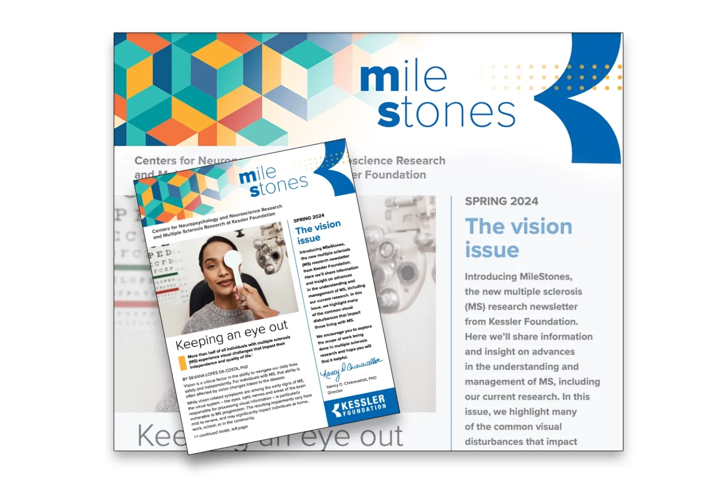 Illustration shows thumbnail of redesigned multiple sclerosis newsletters mile stones from Kessler Foundation.