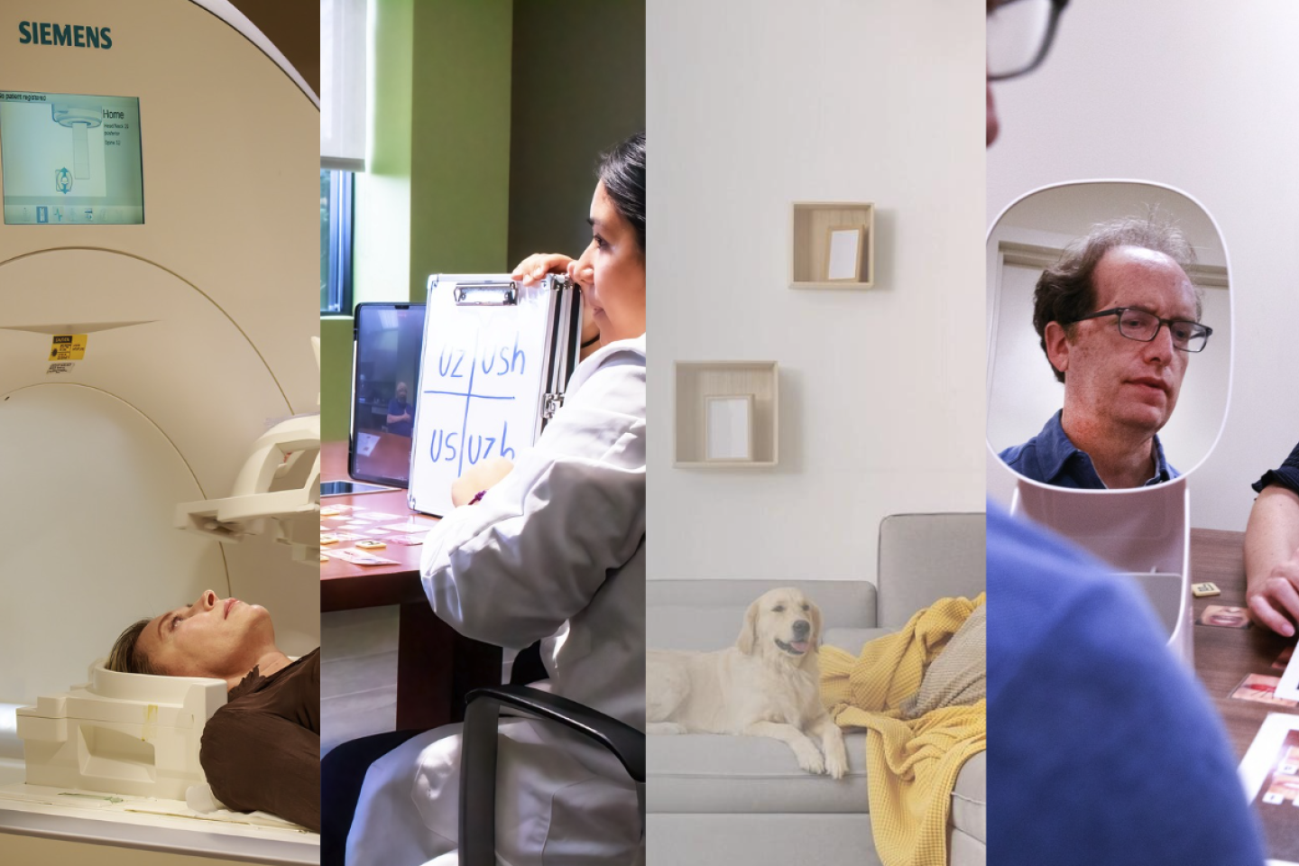 Collage of 4 graphics: person in an MRI machine, a female clinician helping a man across the table with stroke-induced reading challenges, a dog sitting on a couch, and a man wearing glasses viewing himself in a mirror while practicing reading after stroke.