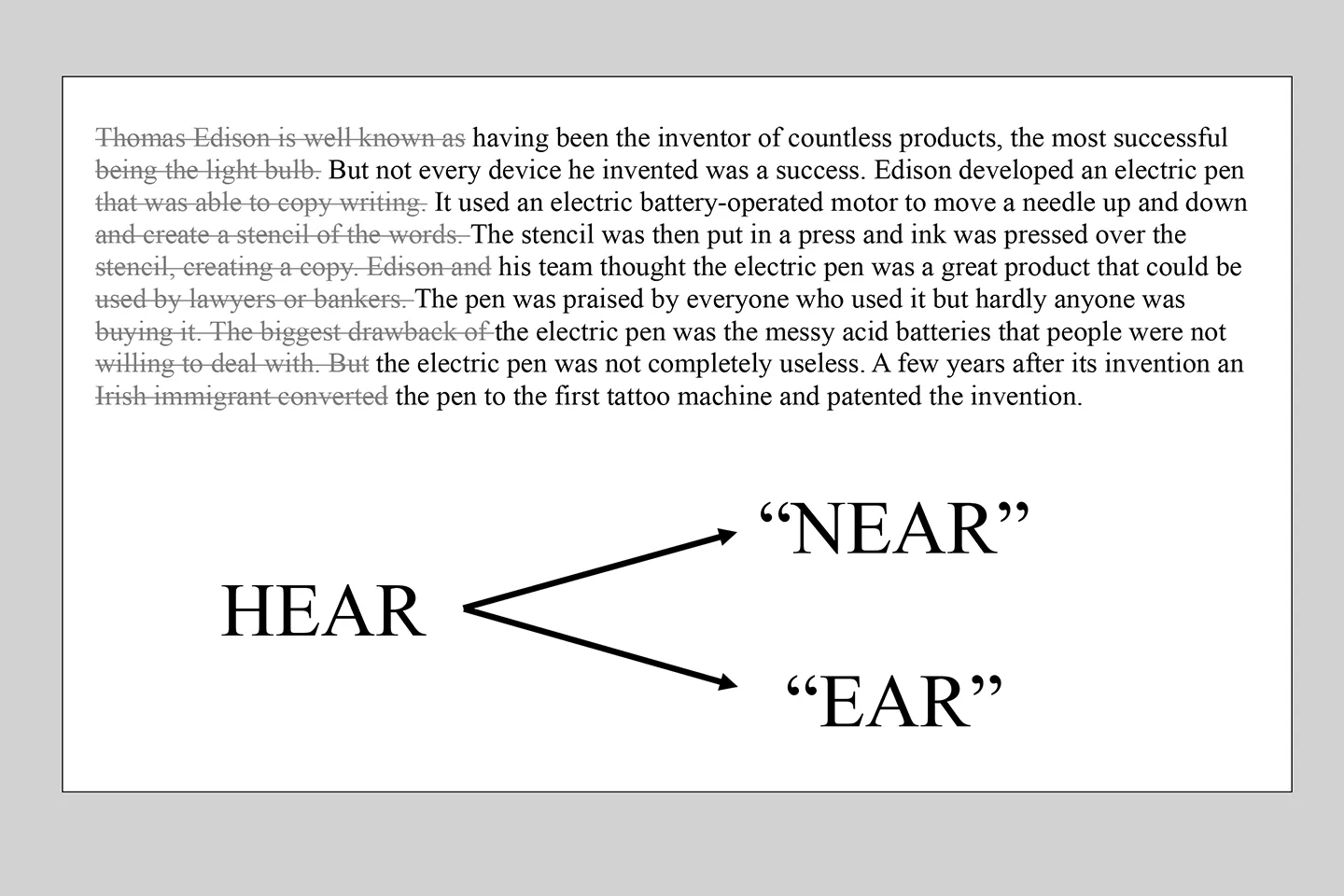 A graphic depicting how persons with neglect dyslexia may not see the entire left side of a page of text or how they may identify words incorrectly.