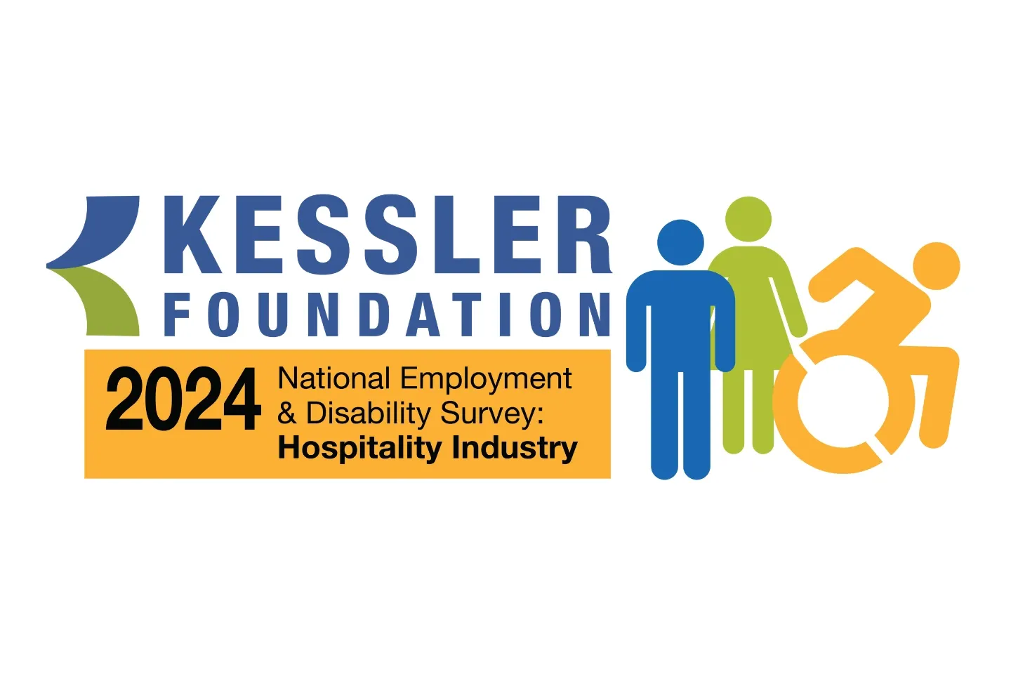 Image of Kessler Foundation logo with a orange banner below. Black text reads: 2024 National Employment & Disability Survey: Hospitality Industry. To the right are three icons of people, one in a wheelchair.