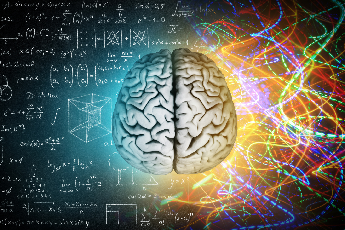 Image of a brain with mathematical equation on the left and connecting lights on the right