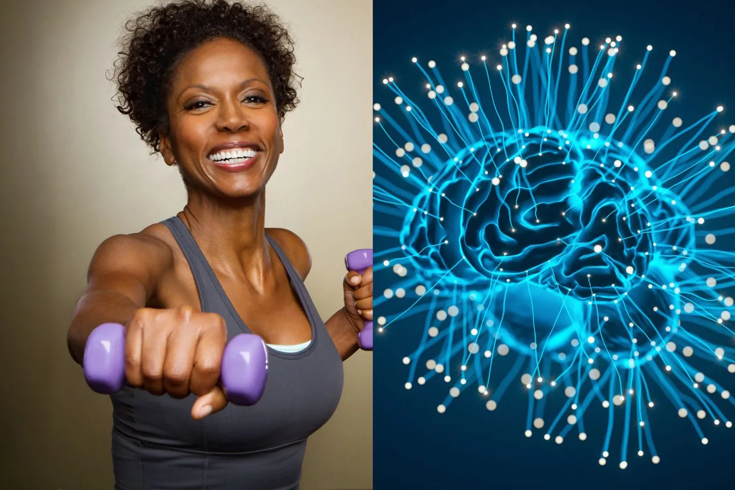 A woman exercising with weight and an image of a brain with lights
