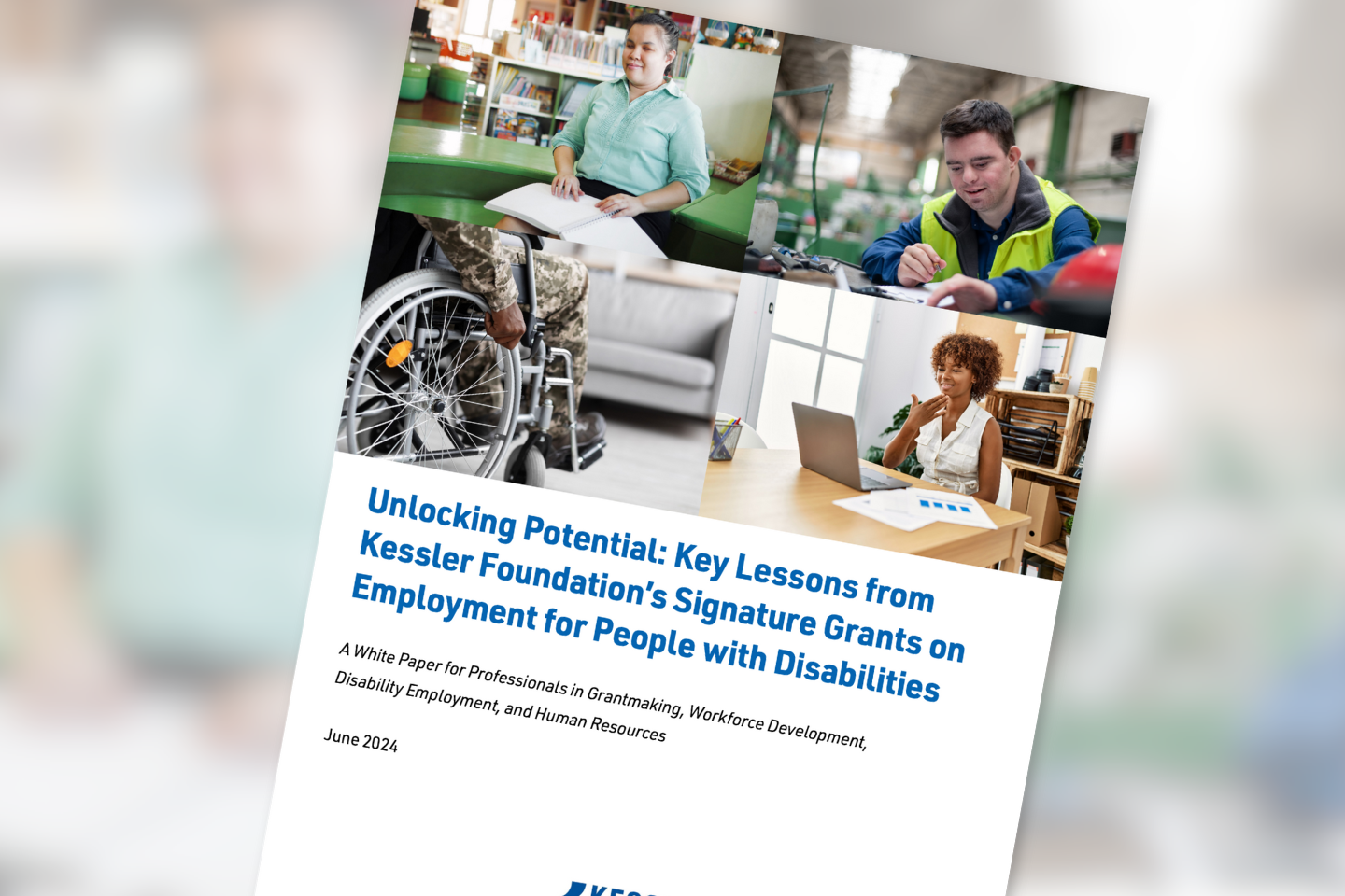 Collage of 4 images. From left to right, image of a blind woman reading braille, imagine of a man with Down syndrome working, imagine of a veteran in a wheelchair, imagine of a woman using ASL on her computer