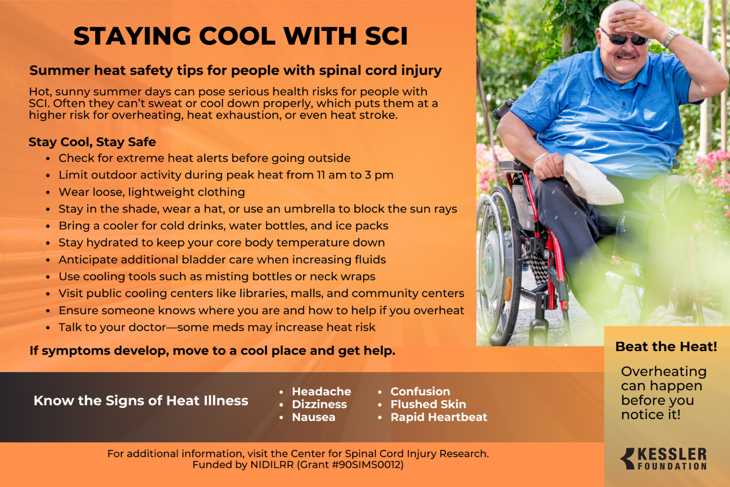 Infographic with summer heat safety tips for people with spinal cord injury. Right side shows a person in a wheelchair wiping sweat under the sun, with text about the risks of overheating.