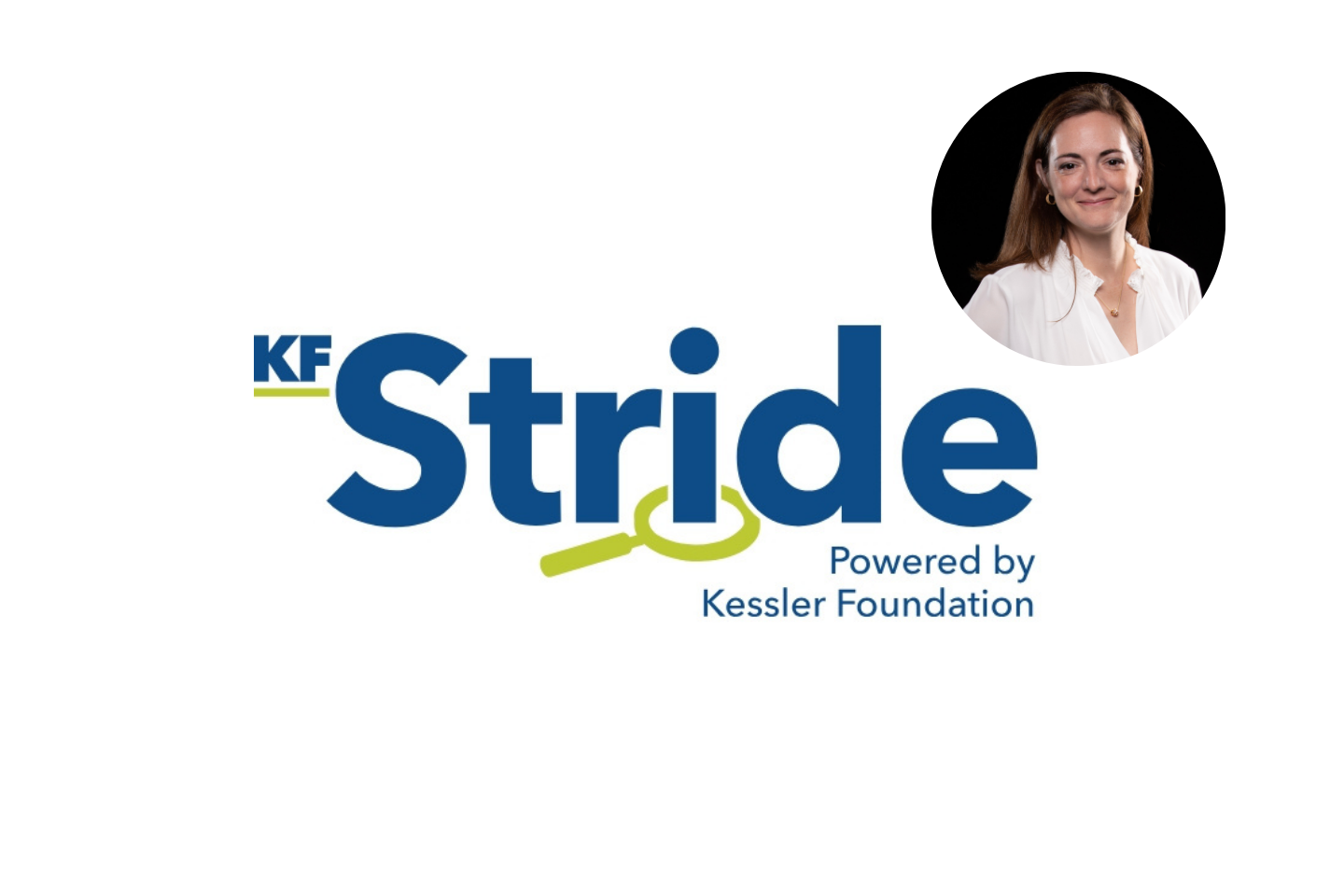 The image features the logo "KF Stride Powered by Kessler Foundation" in blue and green letters, with a stylized magnifying glass underlining "KF Stride."