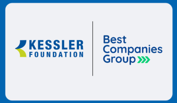 A graphic featuring both the "Best Companies Group" and Kessler Foundation's logos with grey background and blue box. 