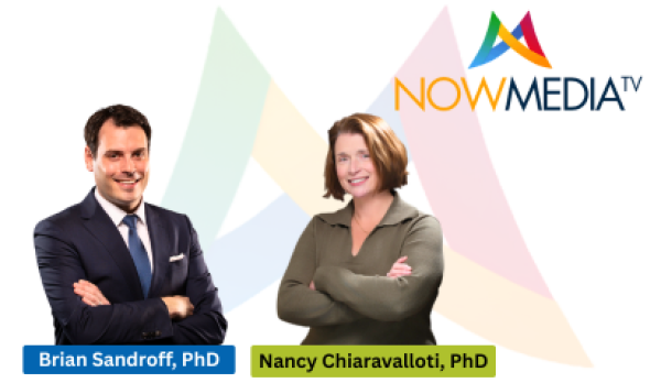 A graphic featuring the image of a man in a suit with his arms crossed and a woman with short hair and a long-sleeve shirt, also with her arms crossed, and a "Now Media" logo in the background.