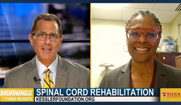Denise Fyffe of Kessler Foundation appears in a split-screen television interview on ONNJ about spinal cord rehabilitation.