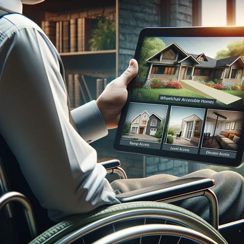 Man in wheelchair holding a tablet viewing accessible homes in his office overlooking the city