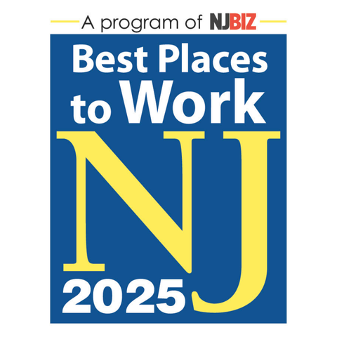 logo featuring "best places to work nj 2025" in bold yellow letters on a blue background. at the top, "a program of njbiz" is written, with "njbiz" in red