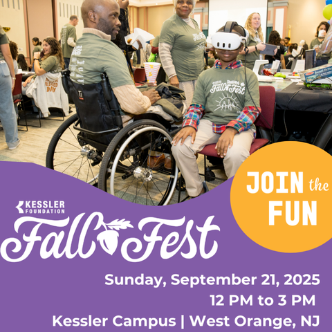 Flyer for Kessler Foundation's Fall Fest event. A man is in a wheelchair smiling, alongside a child wearing a virtual reality headset and a green "Fall Fest" shirt.