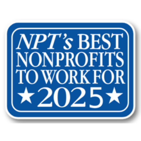 Badge denotes Kessler Foundation Award for best non-profit to work for.