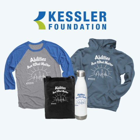 kessler foundation merchandise items, t-shirts. hoodie sweaters, tote bags and water bottle