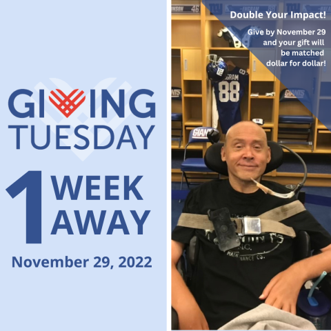 The Giving Tuesday logo and dark blue text that reads: 1 week away. Make a gift. Be a champion