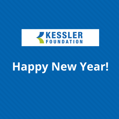 Kessler Foundation logo on a small white rectangle. White text that reads: Happy New Year! The background in a dark and medium shade of blue in a diagonal pattern.
