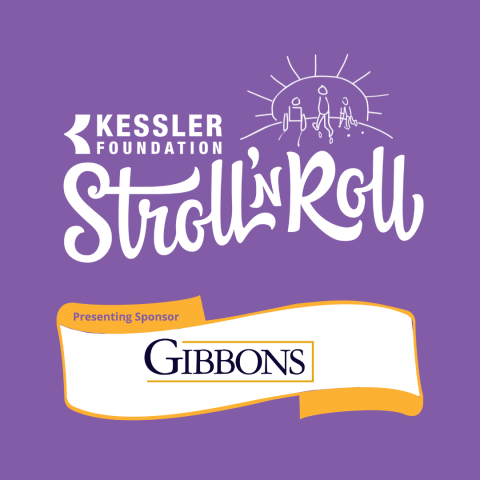 Stroll n Roll Kessler Foundation white logo and Gibbons logo presenting sponsor